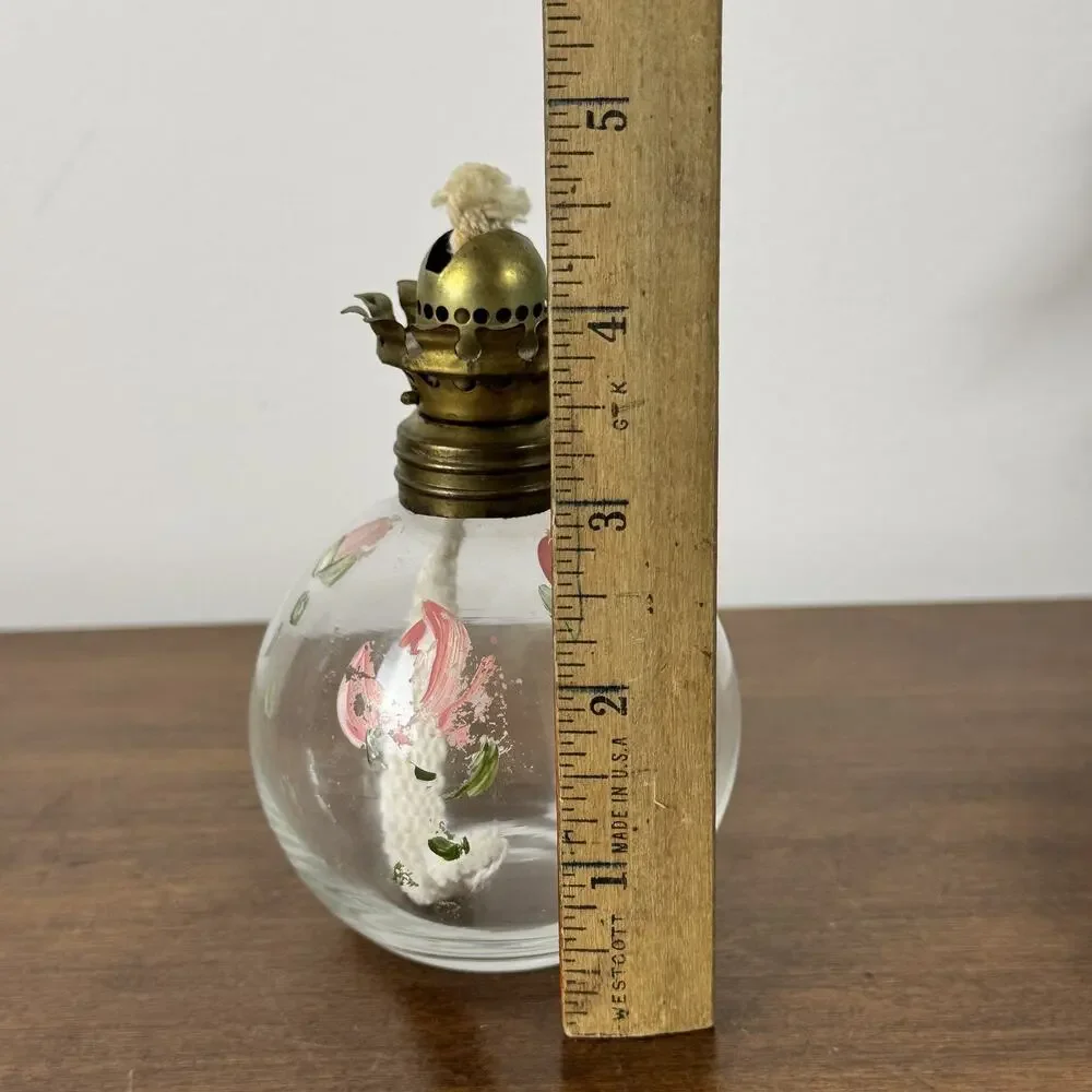 Vintage T.M. Co. NY Miniature Oil Lamp Clear Glass Hand Painted Floral Brass